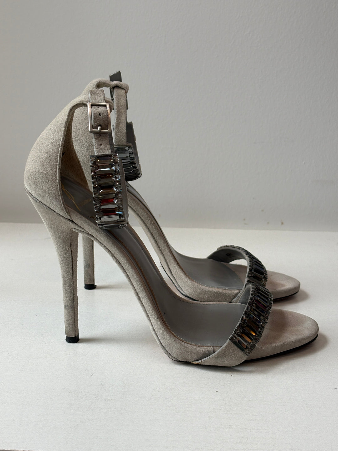 B by Brian Atwood Silver Crystal-Embellished Suede Heels