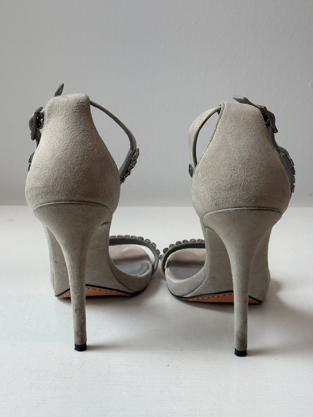 B by Brian Atwood Silver Crystal-Embellished Suede Heels
