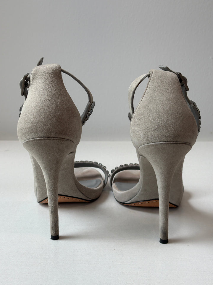 B by Brian Atwood Silver Crystal-Embellished Suede Heels