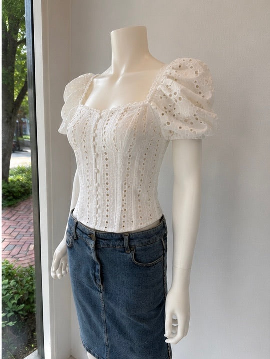 Charo Ruiz White Eyelet Puff Sleeve Corset Top
