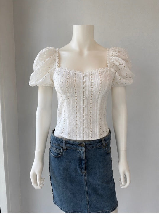 Charo Ruiz White Eyelet Puff Sleeve Corset Top