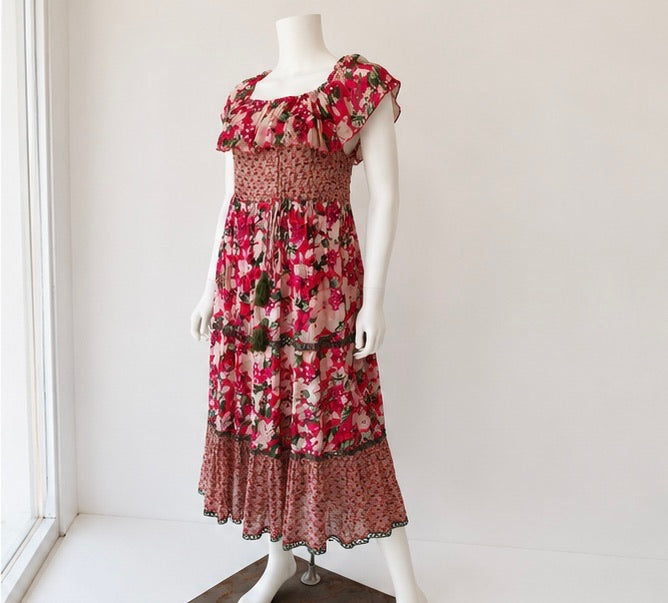 Miss June Floral Print Smocked Ruffle Midi Dress