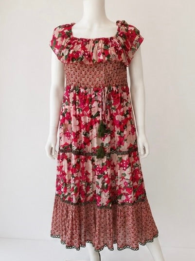 Miss June Floral Print Smocked Ruffle Midi Dress