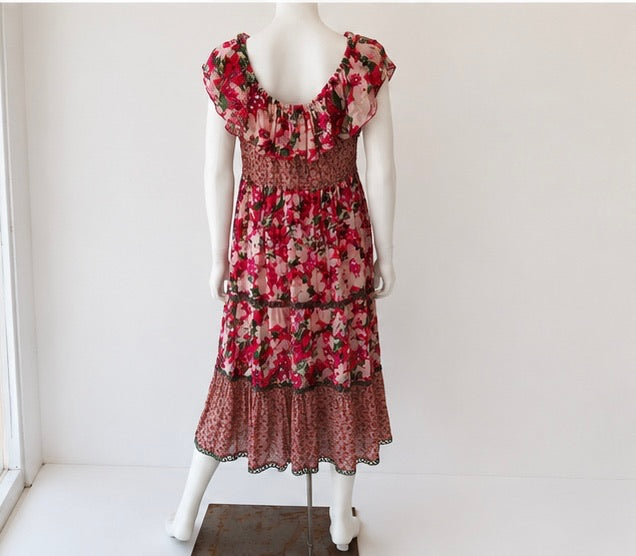 Miss June Floral Print Smocked Ruffle Midi Dress