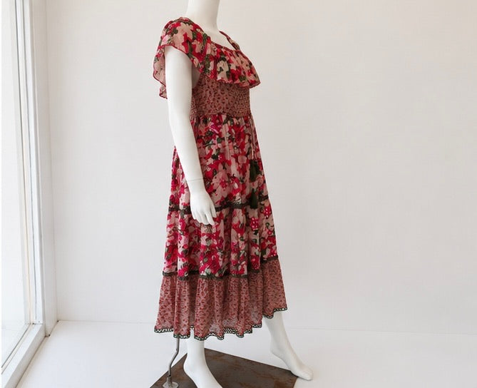 Miss June Floral Print Smocked Ruffle Midi Dress