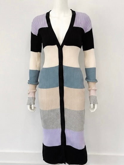 Le Superbe Colorblock Ribbed Knit Long Cardigan Dress