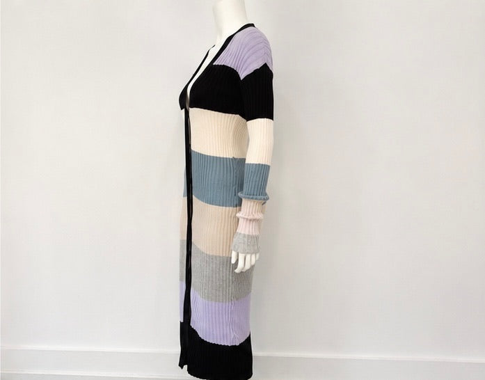 Le Superbe Colorblock Ribbed Knit Long Cardigan Dress