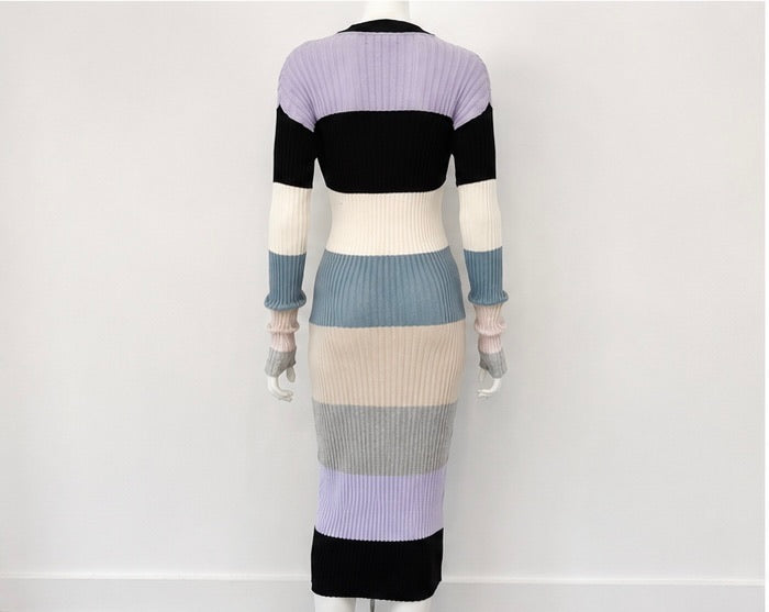 Le Superbe Colorblock Ribbed Knit Long Cardigan Dress