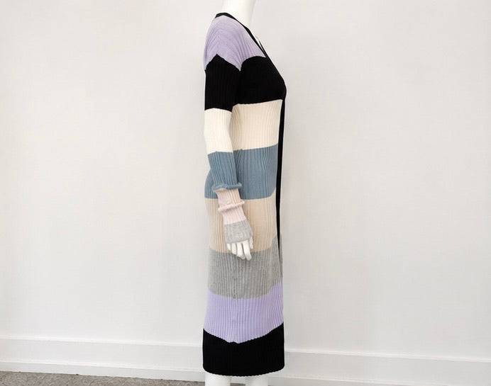 Le Superbe Colorblock Ribbed Knit Long Cardigan Dress