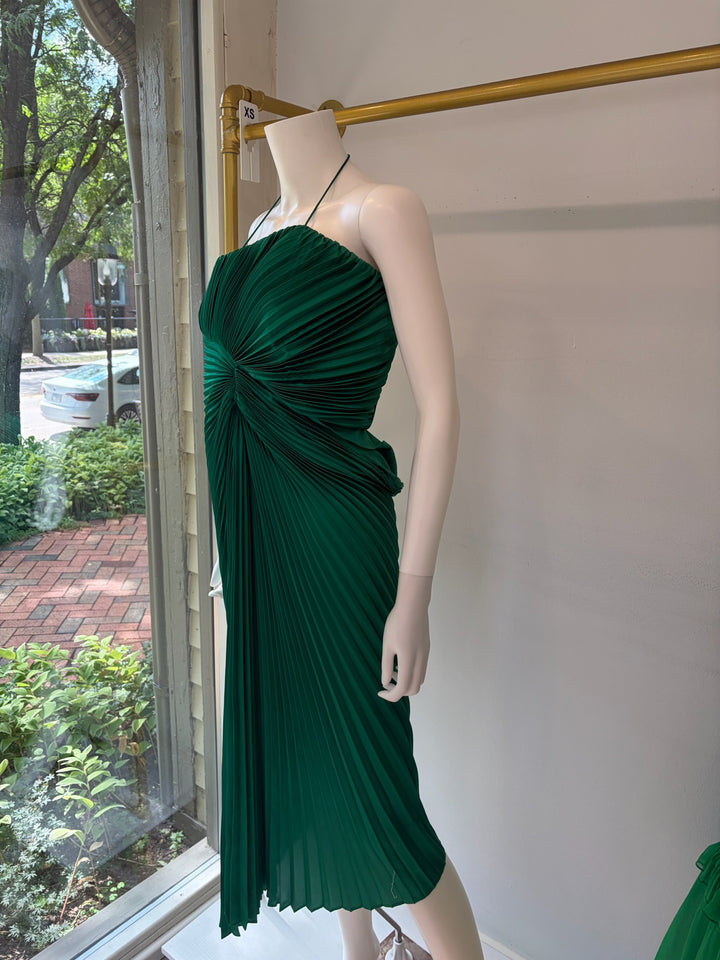 Alice + Olivia Emerald Green Pleated Halter Dress