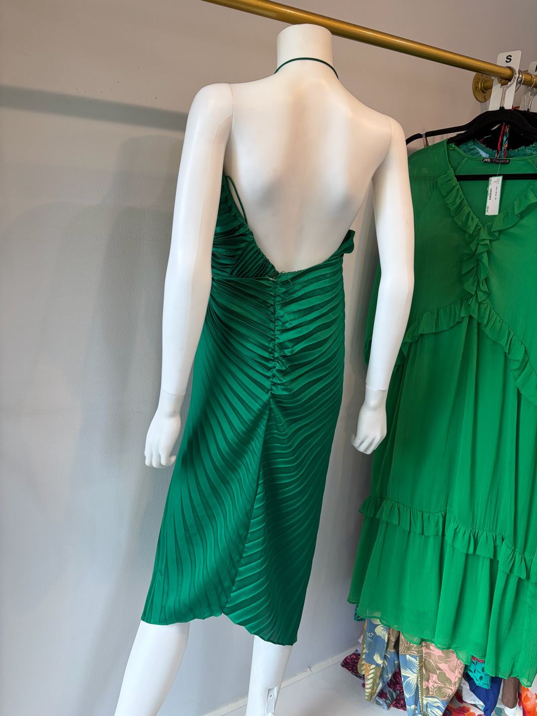 Alice + Olivia Emerald Green Pleated Halter Dress