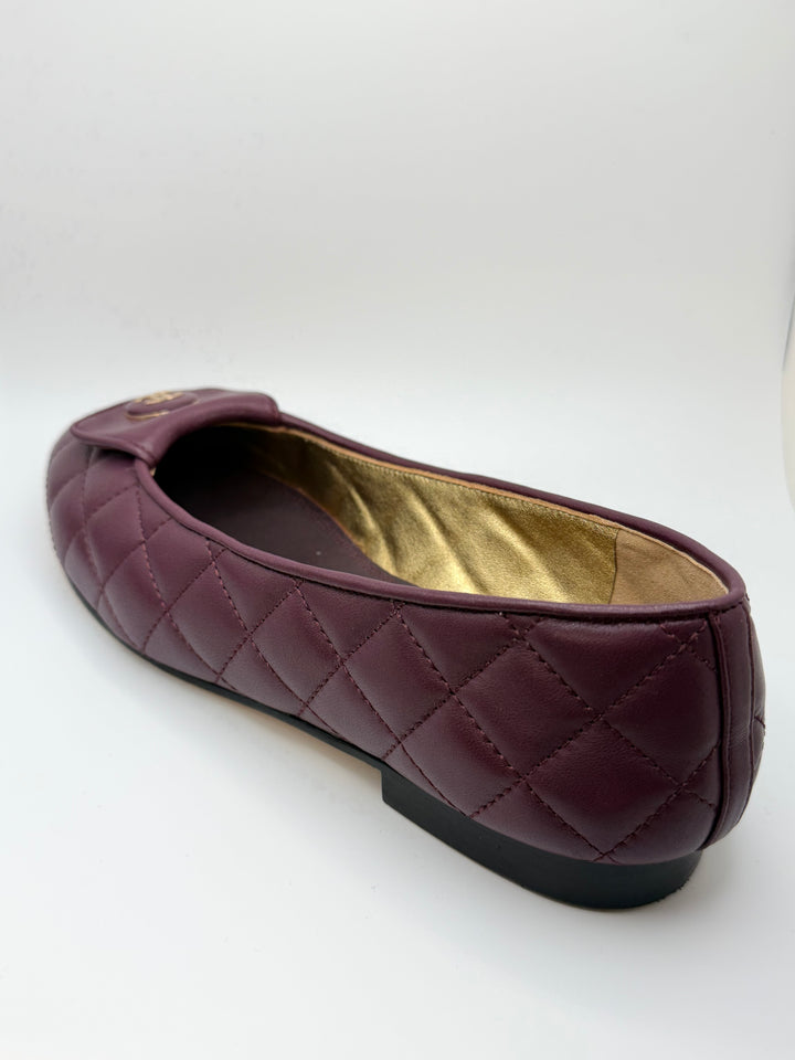 Chanel 2023 Quilted CC Ballet Flats- Burgundy Lambskin