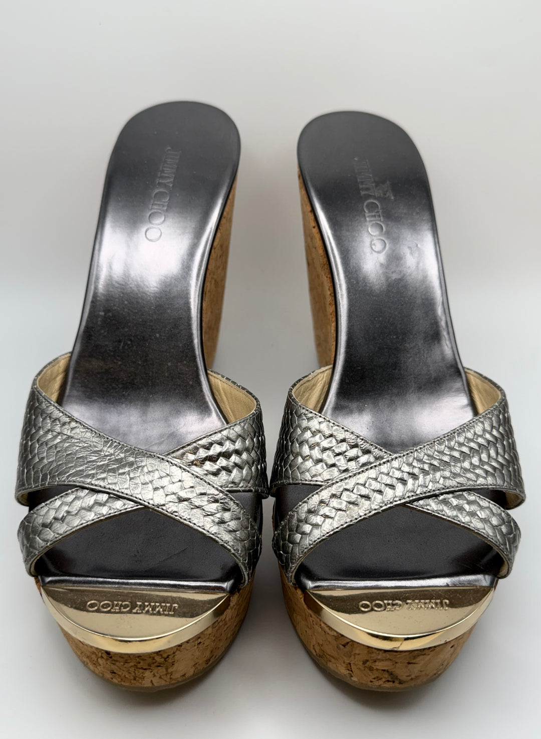 Jimmy Choo Metallic Python-Embossed Cork Wedge Heels
