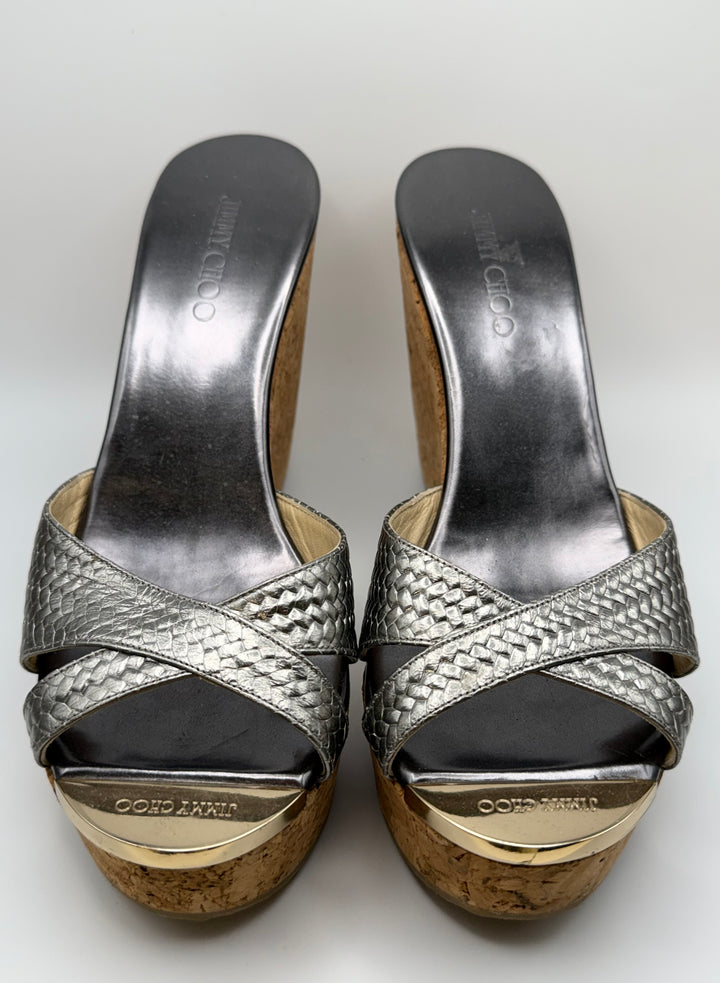 Jimmy Choo Metallic Python-Embossed Cork Wedge Heels