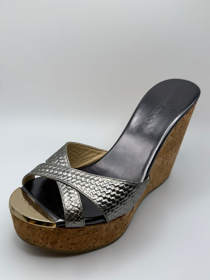 Jimmy Choo Metallic Python-Embossed Cork Wedge Heels