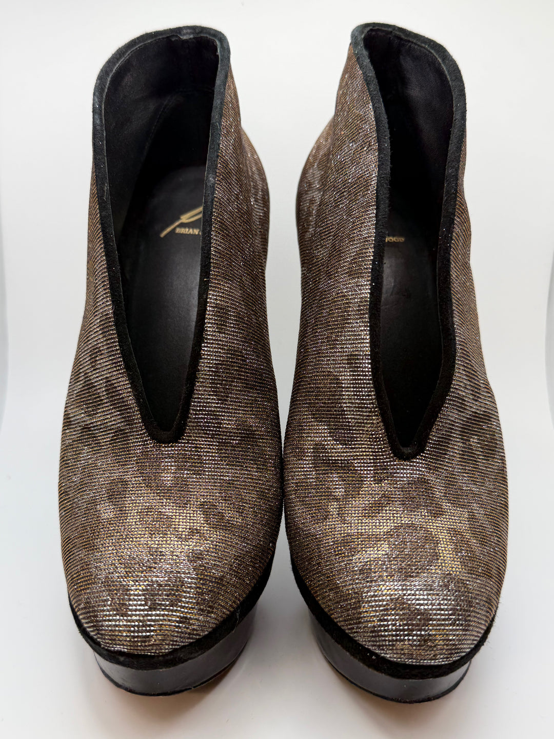 Brian Atwood Metallic Leopard Platform Booties