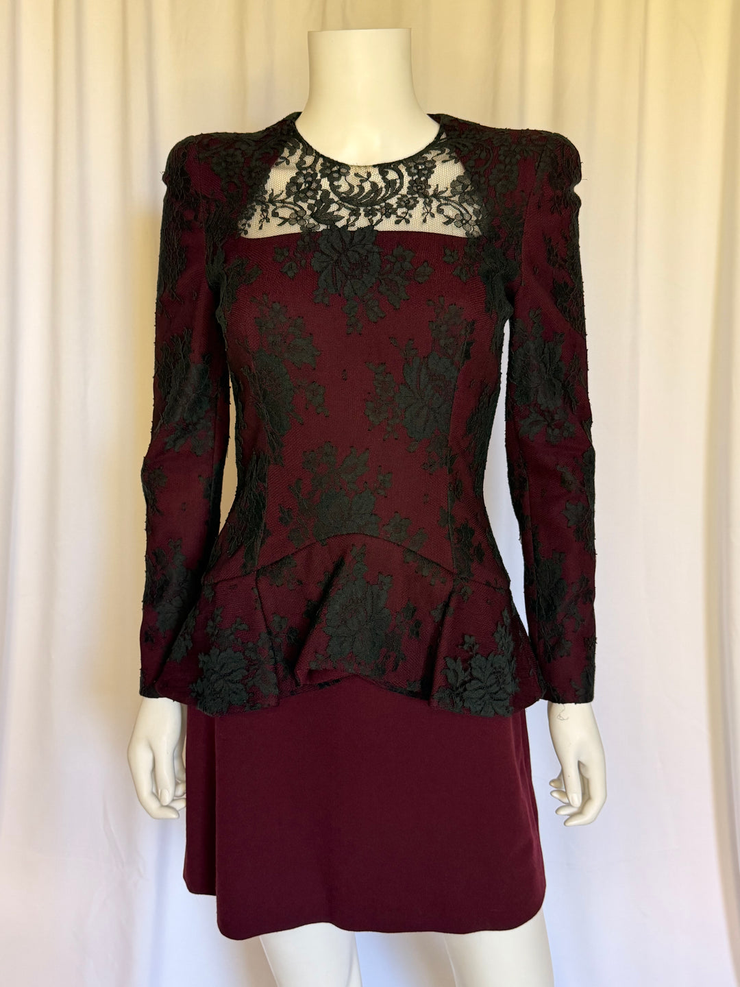 Alexander McQueen Burgundy & Black Lace Peplum Dress