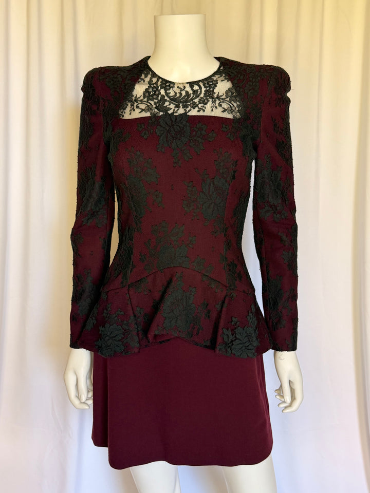 Alexander McQueen Burgundy & Black Lace Peplum Dress