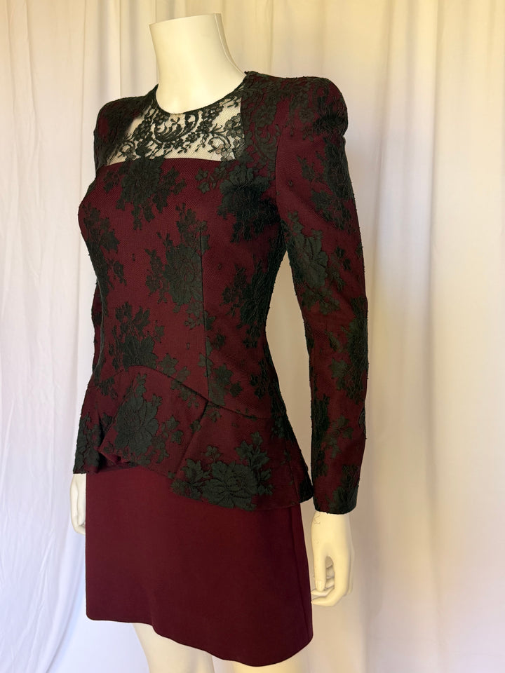 Alexander McQueen Burgundy & Black Lace Peplum Dress