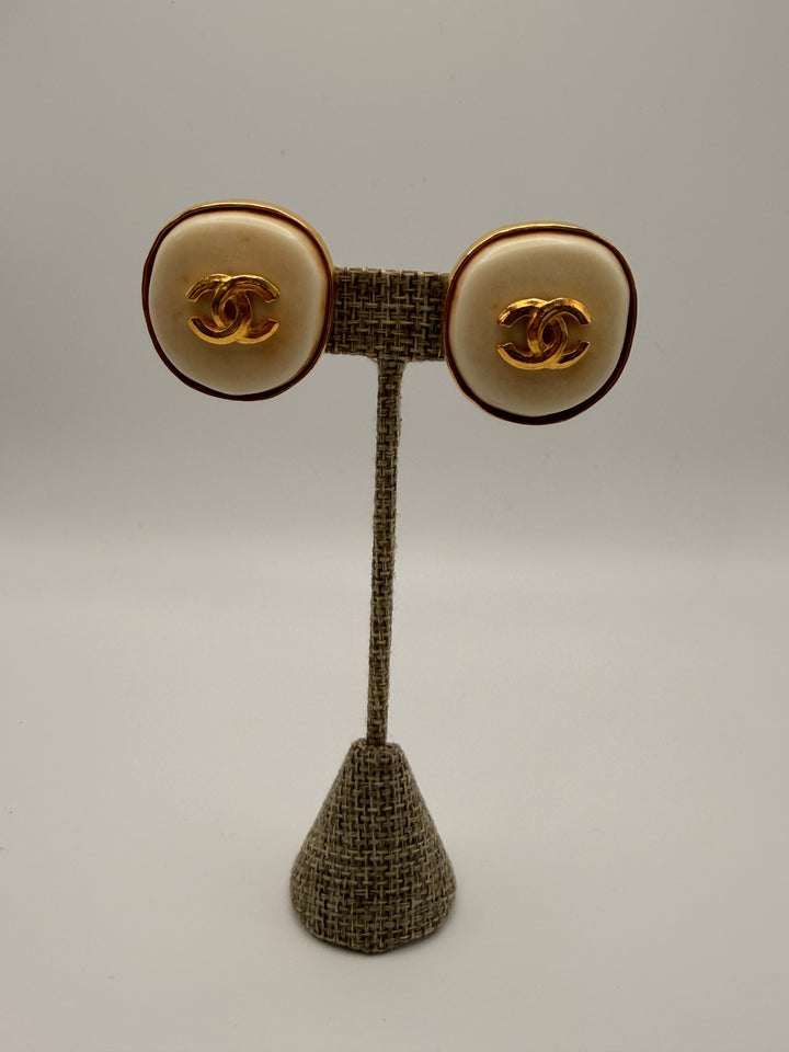 Chanel 1990 Resin & 24K Pl CC Clip-On Earrings