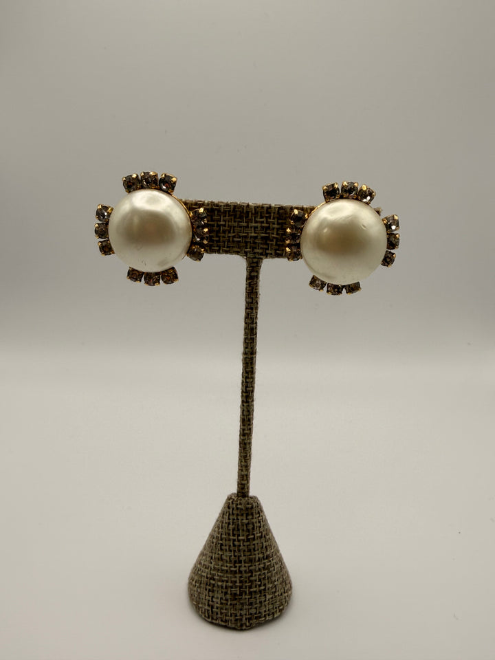 Chanel 2003 Faux Pearl & Strass Crystal Clip-On Earrings