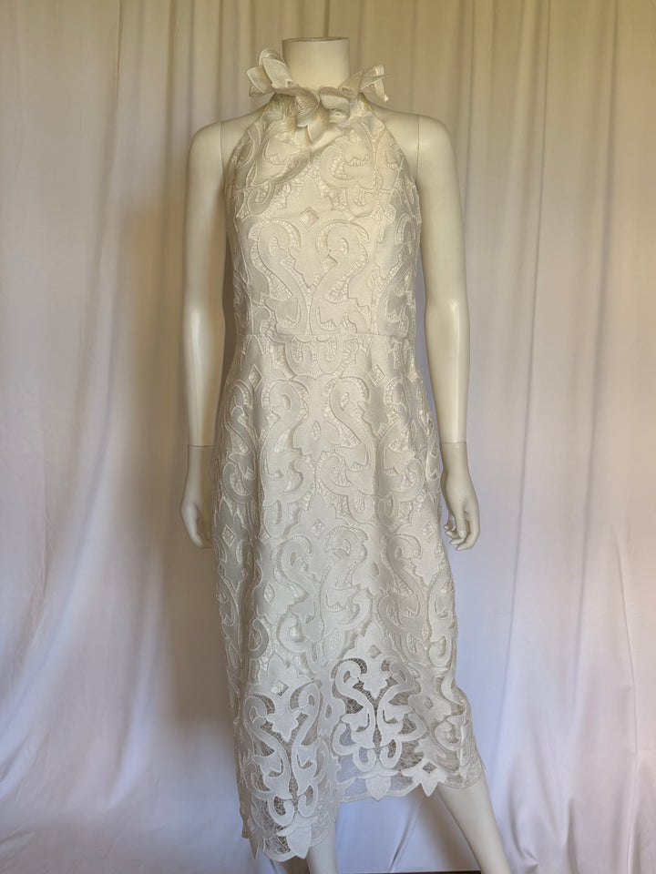 Milly Ivory Embroidered Lace Halter Midi Dress