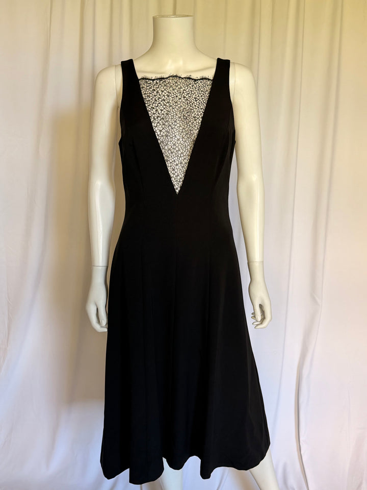 Haney Black Lace-Illusion Plunge Midi Dress