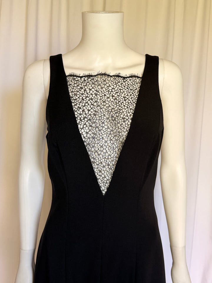 Haney Black Lace-Illusion Plunge Midi Dress