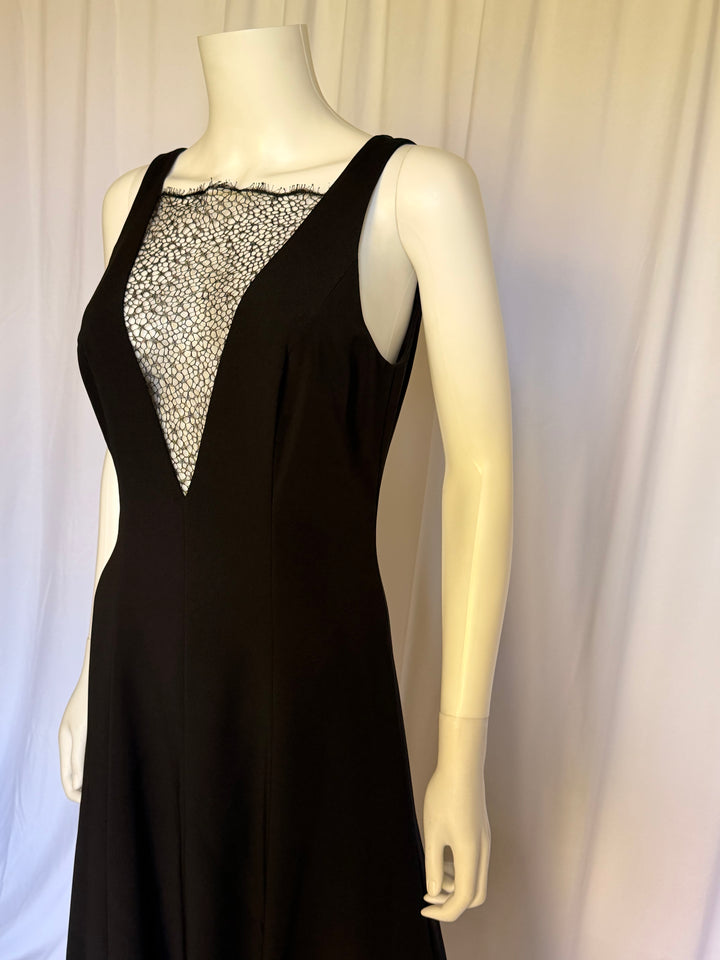 Haney Black Lace-Illusion Plunge Midi Dress