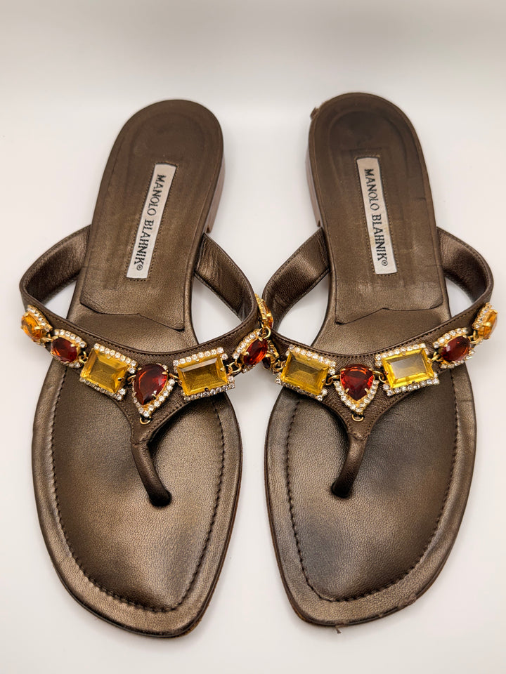 Manolo Blahnik Embellished Leather Thong Sandals