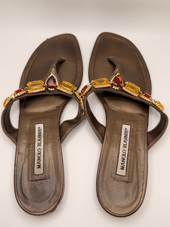 Manolo Blahnik Embellished Leather Thong Sandals