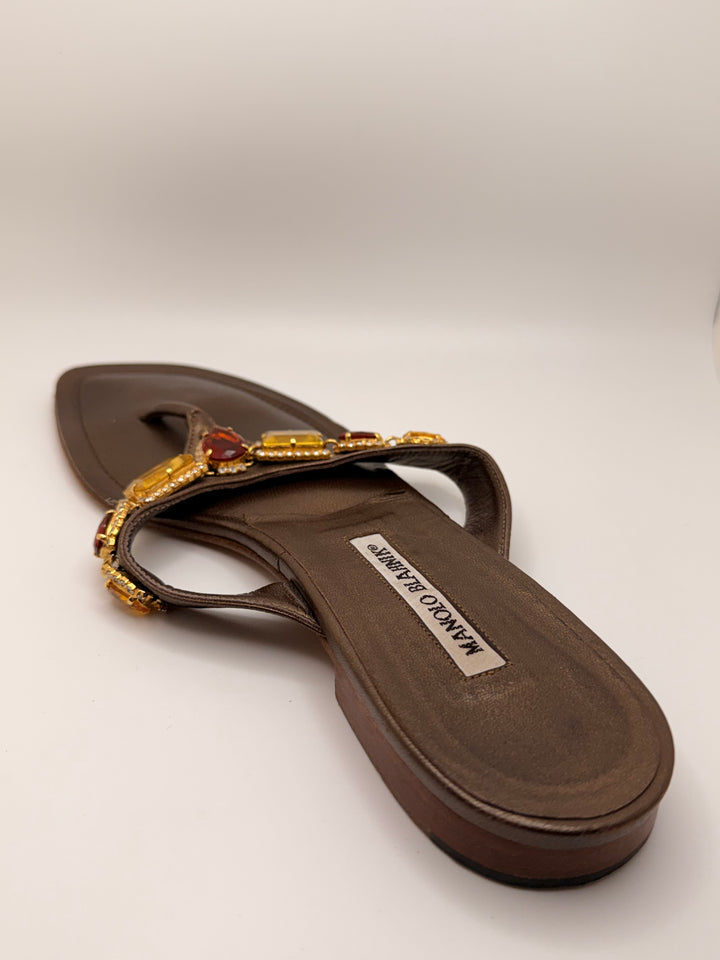 Manolo Blahnik Embellished Leather Thong Sandals