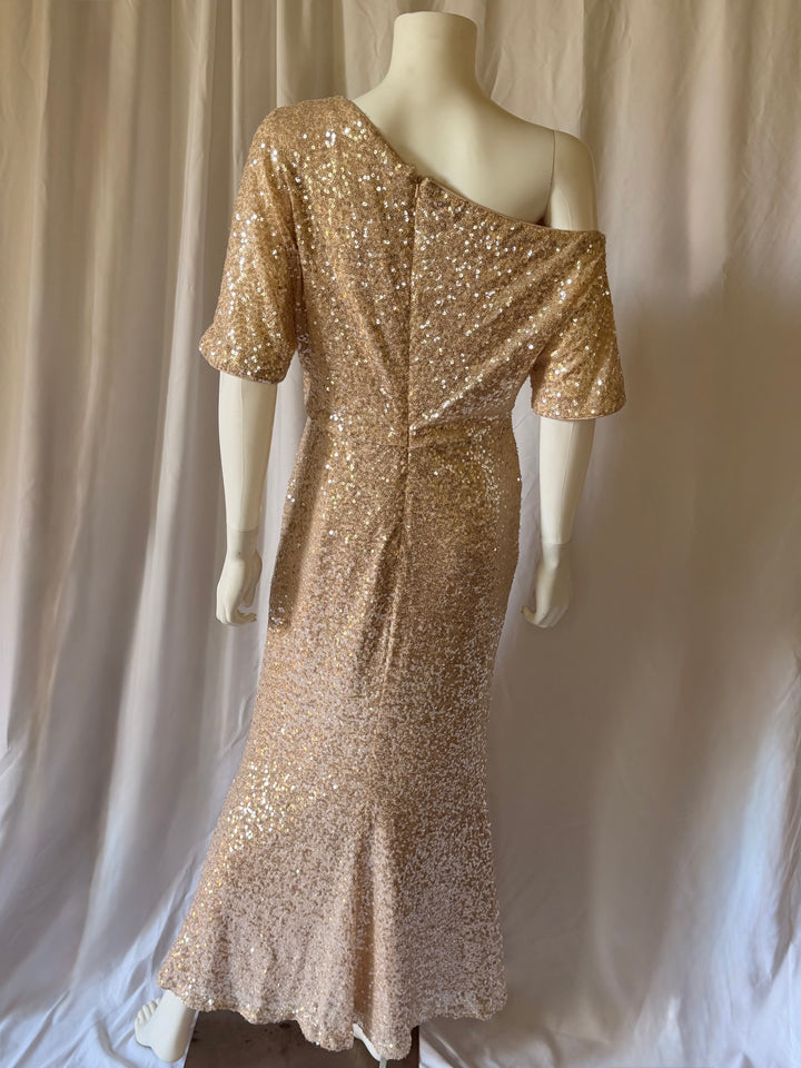 Badgley Mischka One-Shoulder Sequin Evening Gown