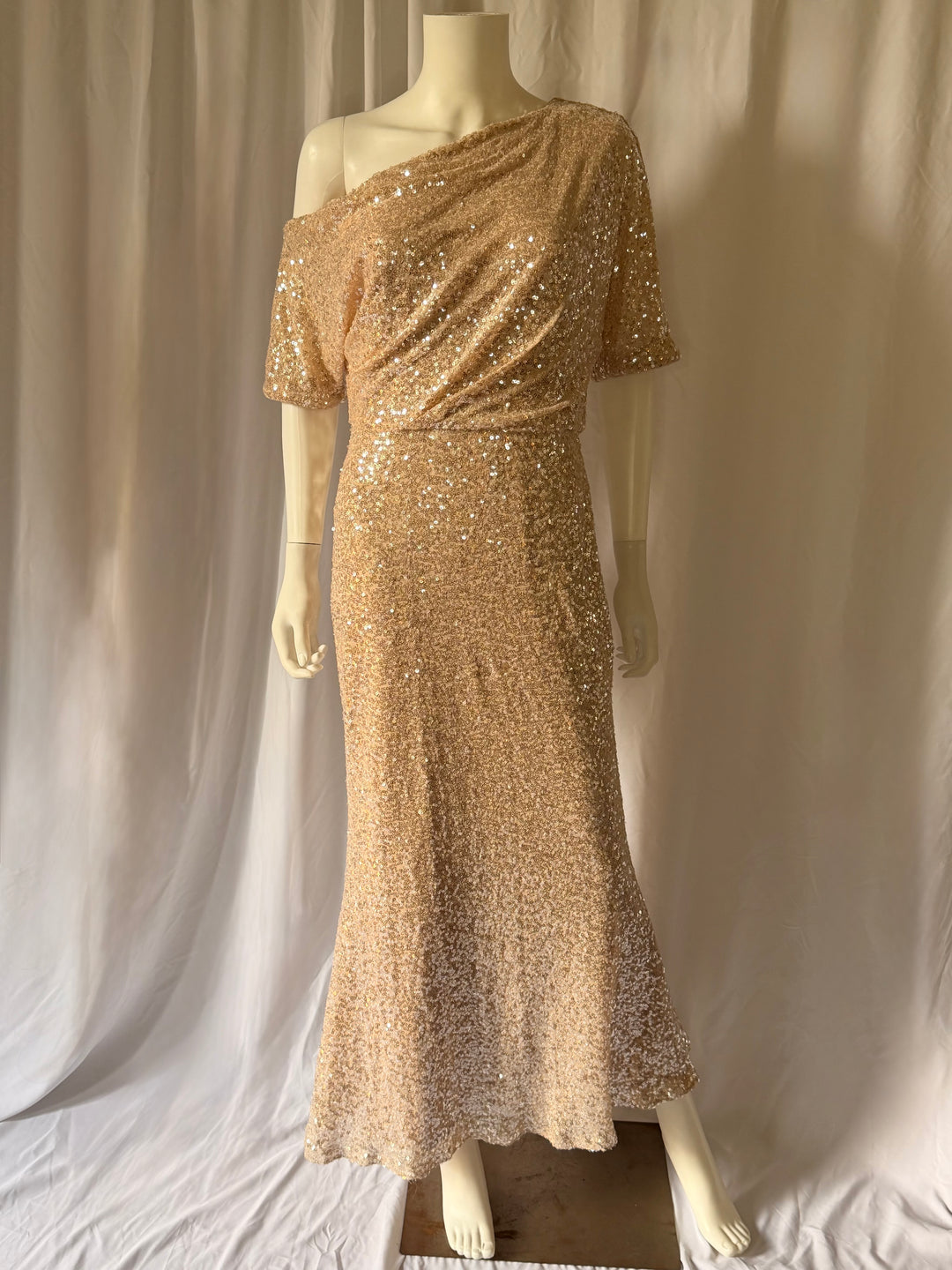 Badgley Mischka One-Shoulder Sequin Evening Gown
