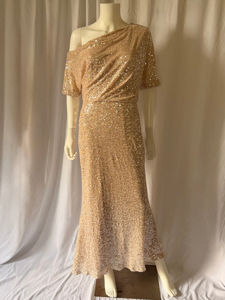 Badgley Mischka One-Shoulder Sequin Evening Gown