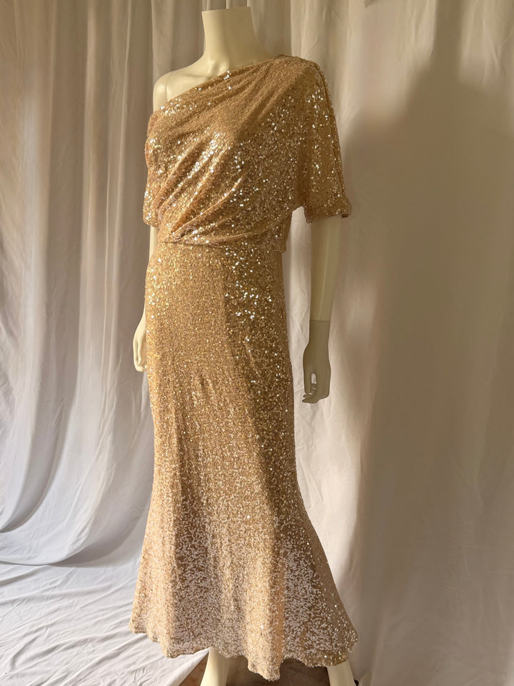Badgley Mischka One-Shoulder Sequin Evening Gown