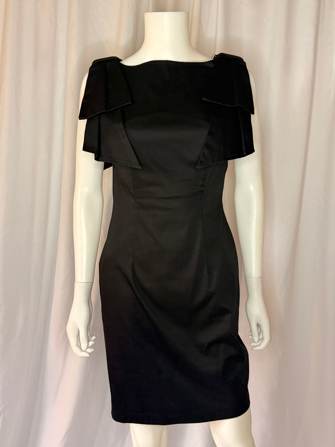 Rinascimento Black Satin Ruffle Shoulder Cocktail Dress