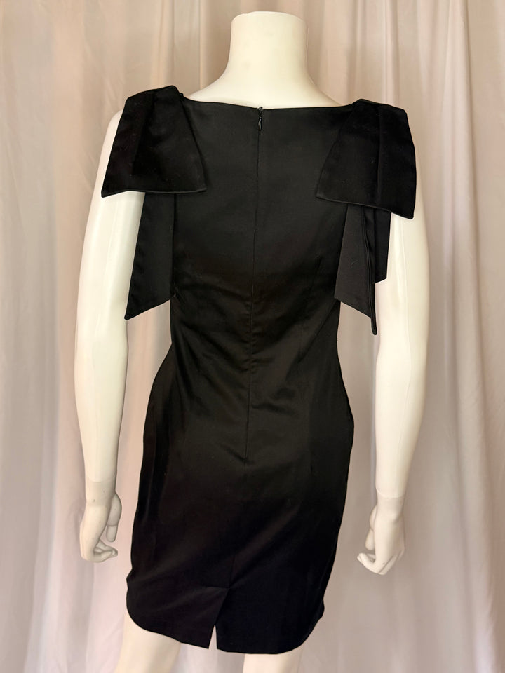 Rinascimento Black Satin Ruffle Shoulder Cocktail Dress