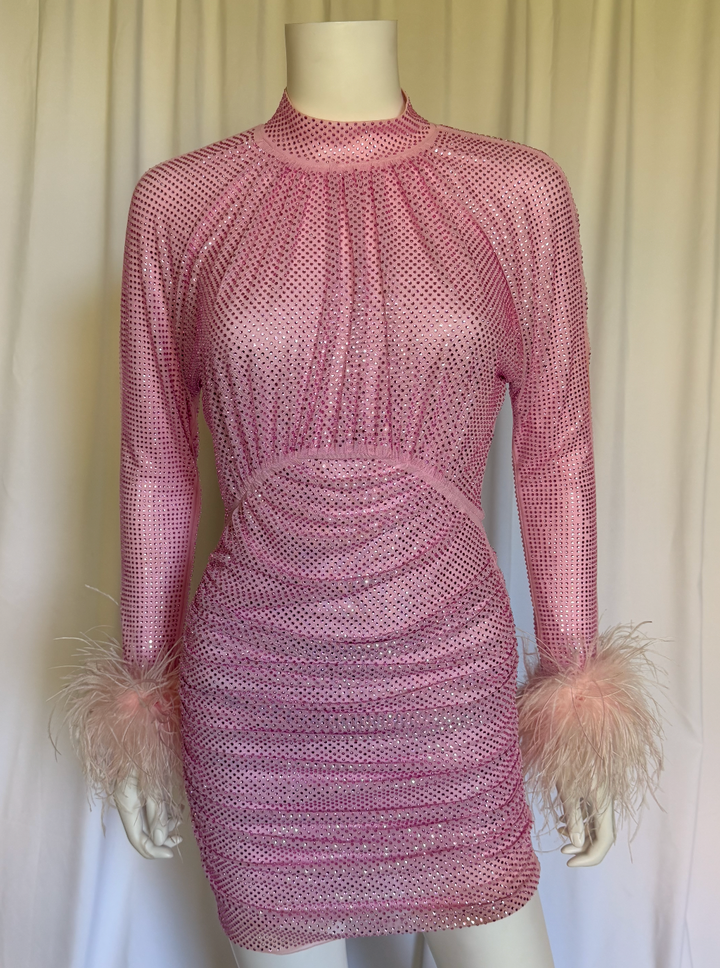 Self Portrait Crystal Mesh Feather-Cuff Mini Dress