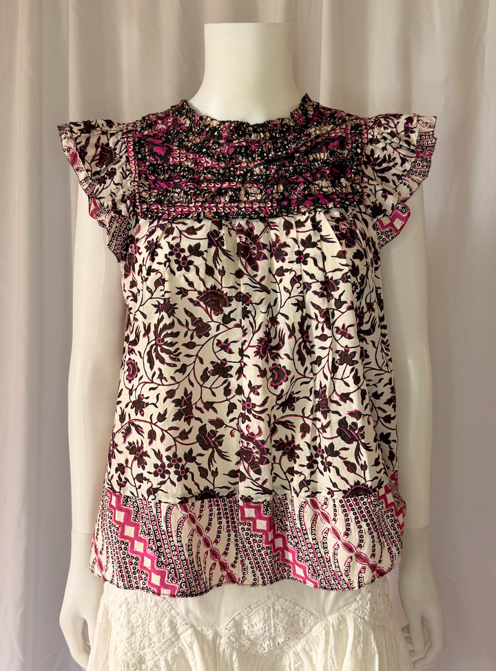 Ulla Johnson Floral Smocked Flutter Sleeve Top
