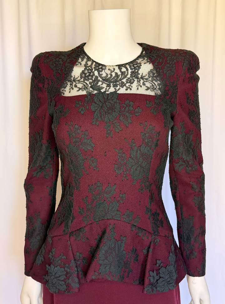Alexander McQueen Burgundy & Black Lace Peplum Dress