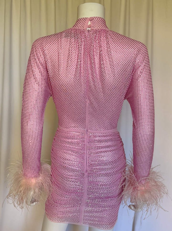 Self Portrait Crystal Mesh Feather-Cuff Mini Dress
