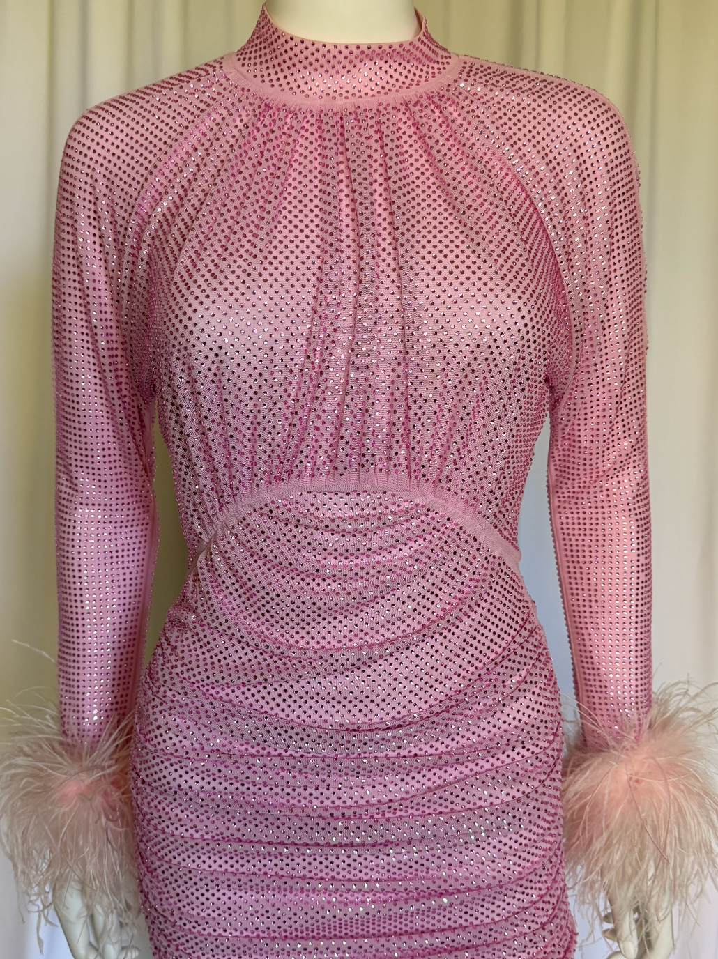 Self Portrait Crystal Mesh Feather-Cuff Mini Dress