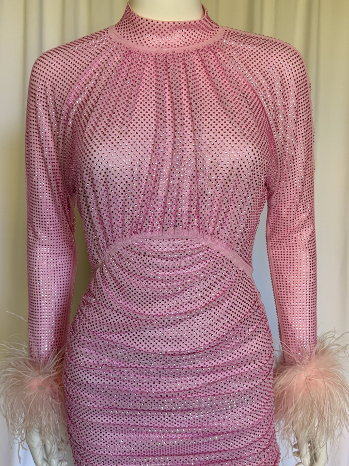 Self Portrait Crystal Mesh Feather-Cuff Mini Dress
