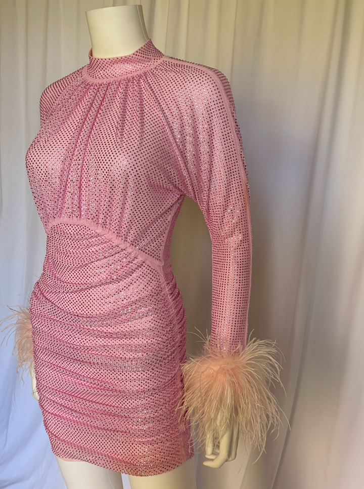 Self Portrait Crystal Mesh Feather-Cuff Mini Dress