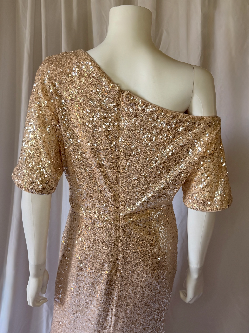 Badgley Mischka One-Shoulder Sequin Evening Gown