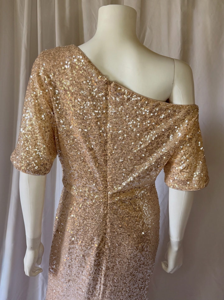 Badgley Mischka One-Shoulder Sequin Evening Gown