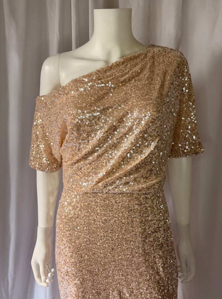 Badgley Mischka One-Shoulder Sequin Evening Gown