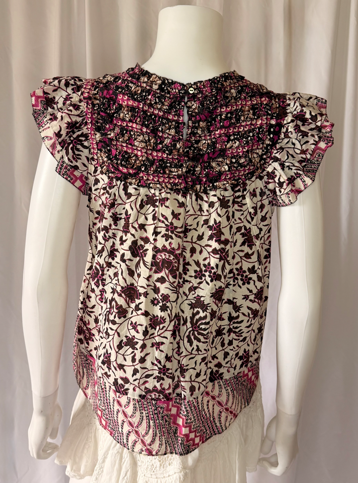 Ulla Johnson Floral Smocked Flutter Sleeve Top