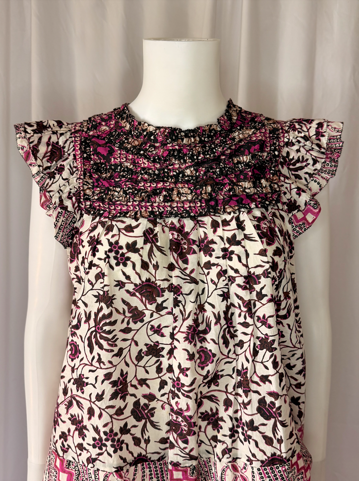 Ulla Johnson Floral Smocked Flutter Sleeve Top